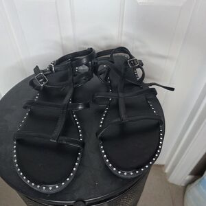 Black Studded T-Strap Women's Sandals
